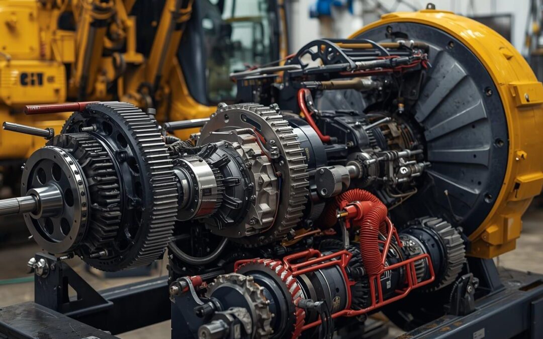 Elementy skrzyni biegów maszyny budowlanej przygotowane do naprawy w warsztacie