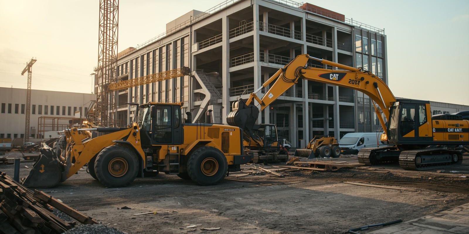 Ładowarka i koparka pracujące na placu budowy podczas realizacji robót ziemnych
