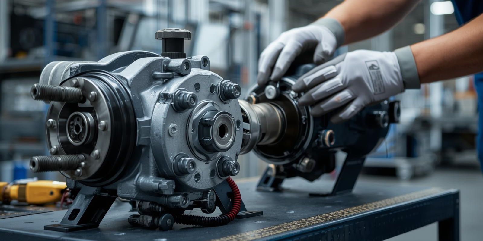 Pompa i siłownik hydrauliczny podczas kontroli serwisowej na stanowisku roboczym